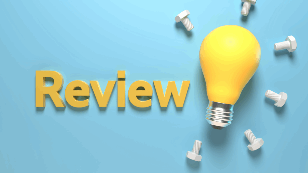 reviewの文字と電球とねじ